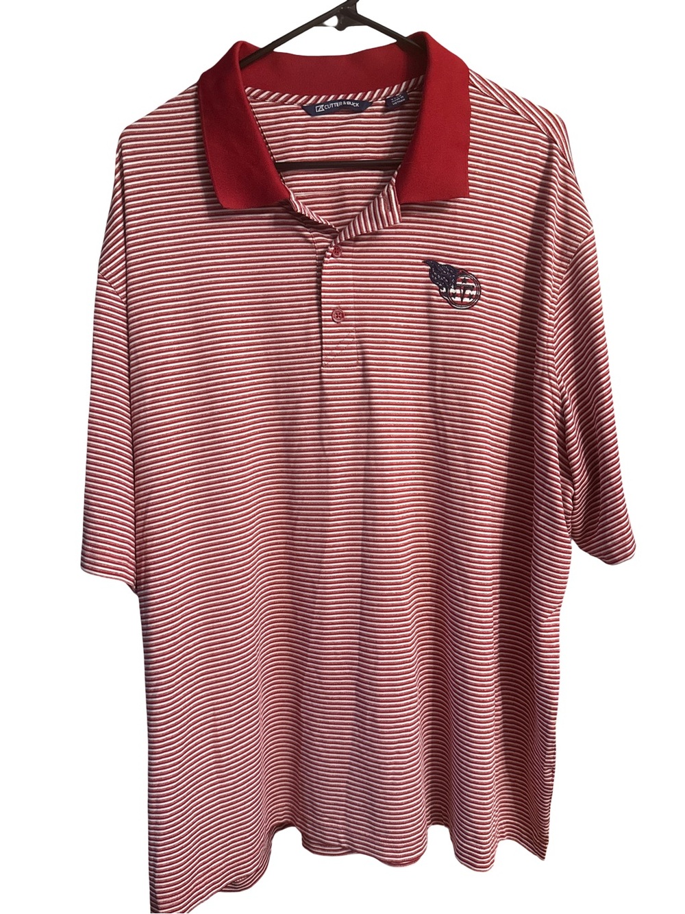 Cutter & Buck Red and White Striped Polo with Red Contrast Collar